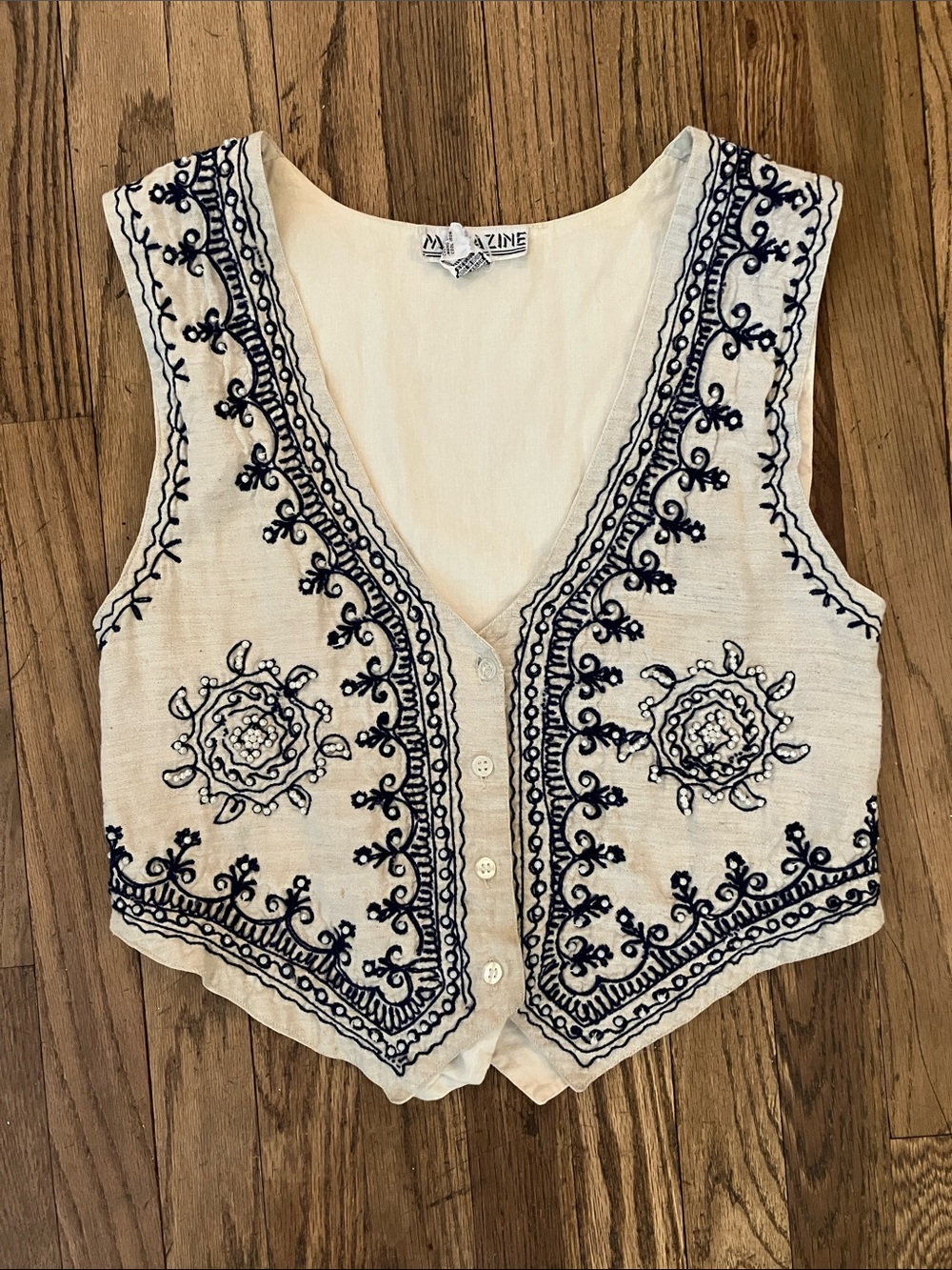 “Magazine” Cream and Navy Embroidered Vest with sash